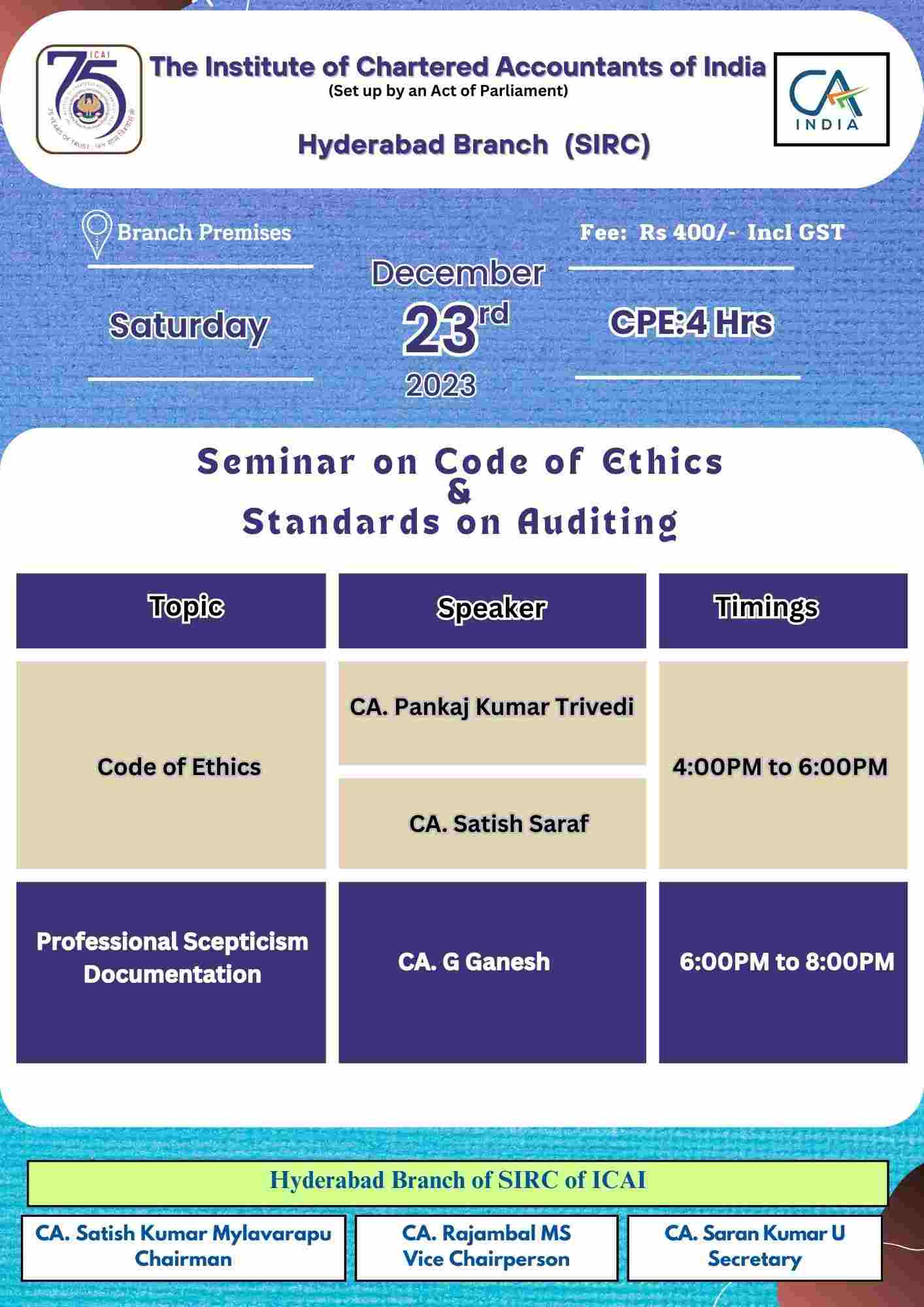 Seminar on Code of  Ethics &  Standards on Auditing