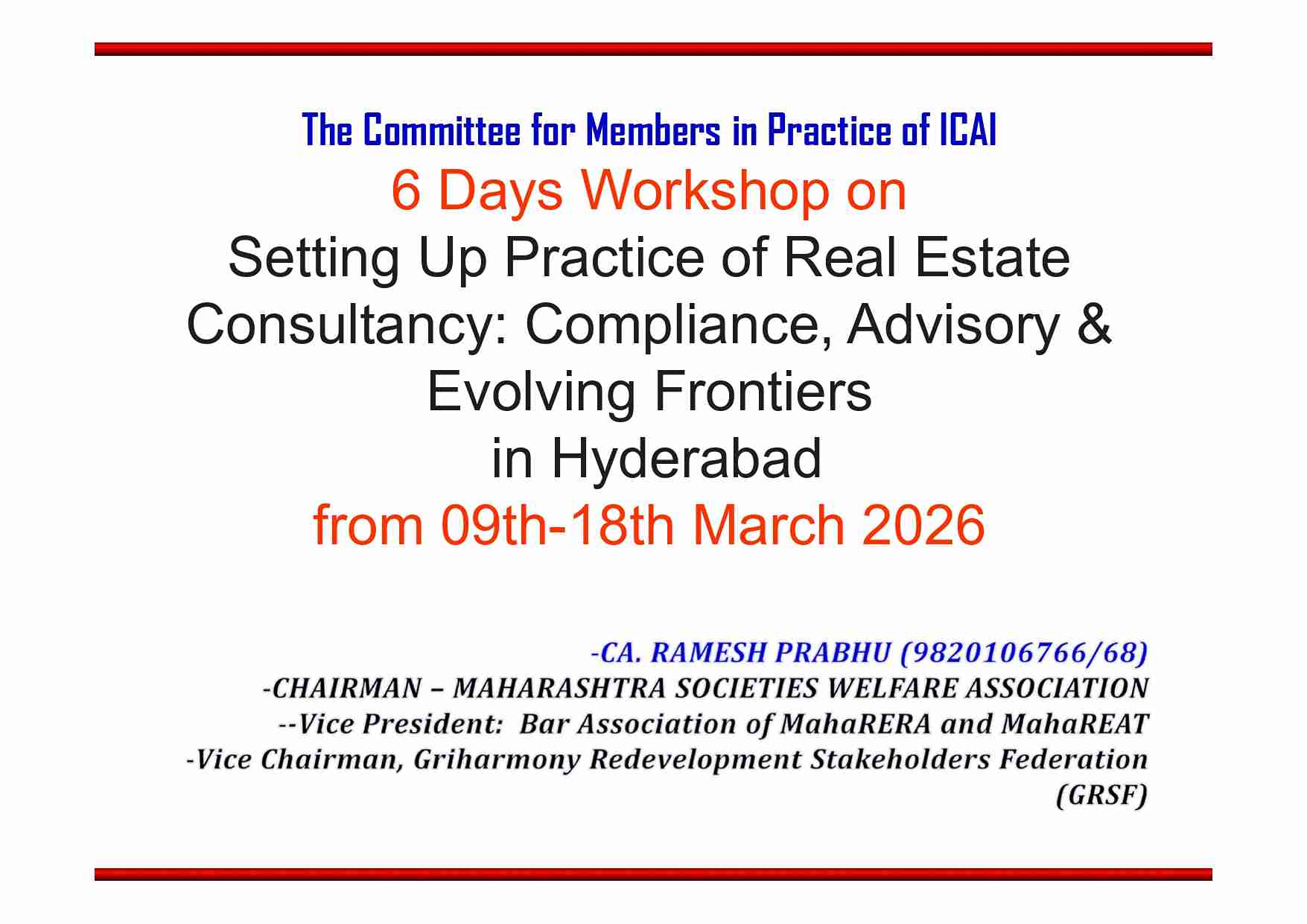 6 Days Workshop on Setting Up Practice of Real Estate Consultancy: Compliance, Advisory & Evolving Frontiers